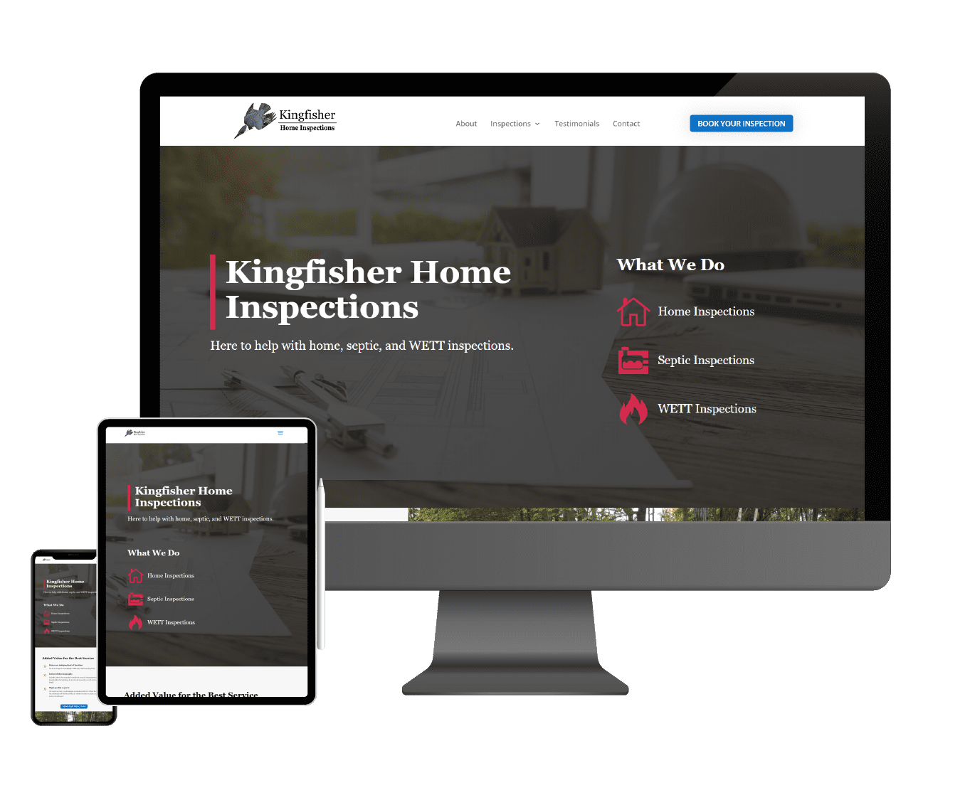 Graphic of the Kingfisher Inspections homepage being displayed on a desktop, tablet, and mobile screen