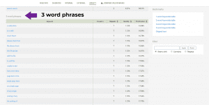 arrow pointing to three word keyphrases within SEOQuake for natural living 