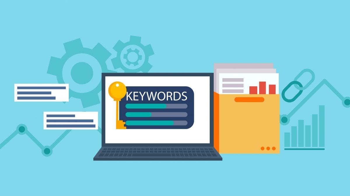 Keywords Research banner. Laptop with a folder of documents and graphs and key.