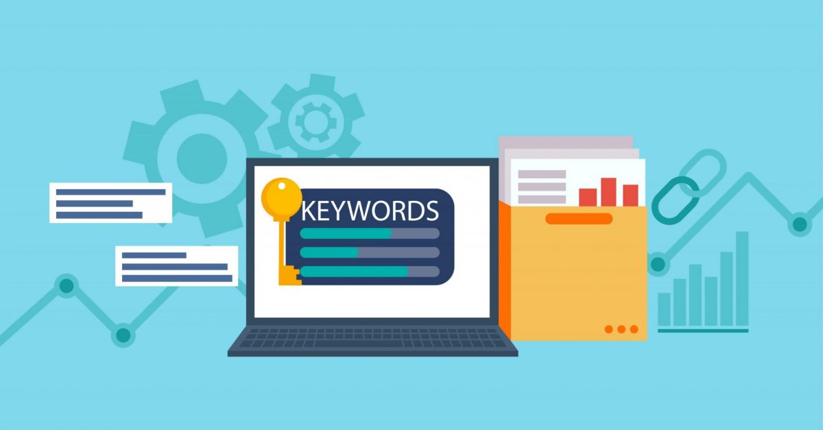 Keywords Research banner. Laptop with a folder of documents and graphs and key.