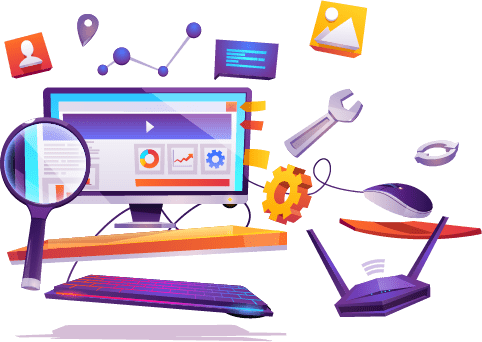 Computer screen with tools floating mid air that represent SEO