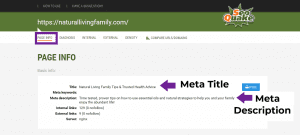 Page info tab breakdown on SEOQuake with arrows pointing to meta title and meta description