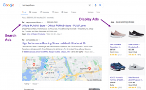 Screenshots of display and search shoe ads on Google