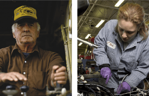 two images of a man working in construction and a woman working in mechanics