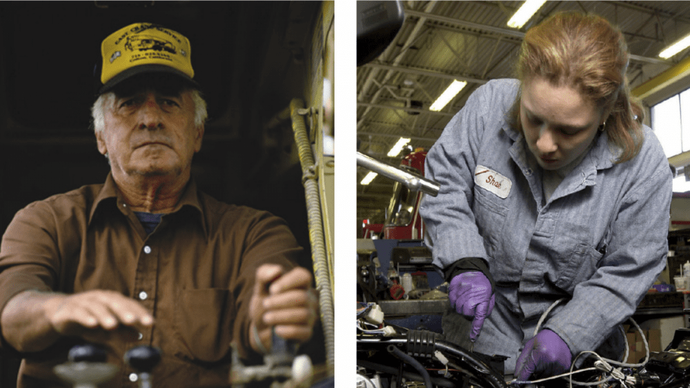 two images of a man working in construction and a woman working in mechanics