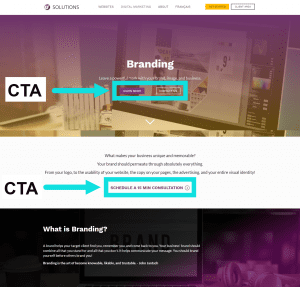 screenshot of U7 Solutions branding page with arrows pointing to CTAs on webpage