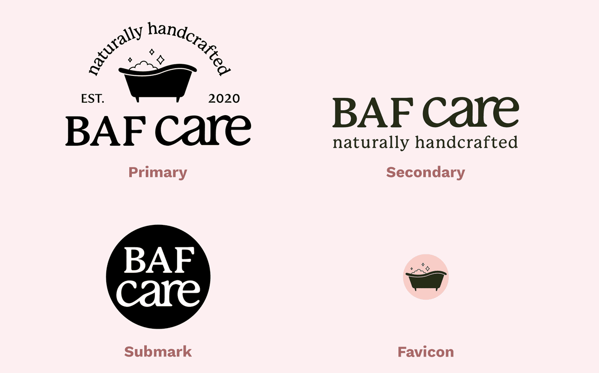 Logo variations and examples from brand BAF care that show primary, secondary, submark, and favicon logos.