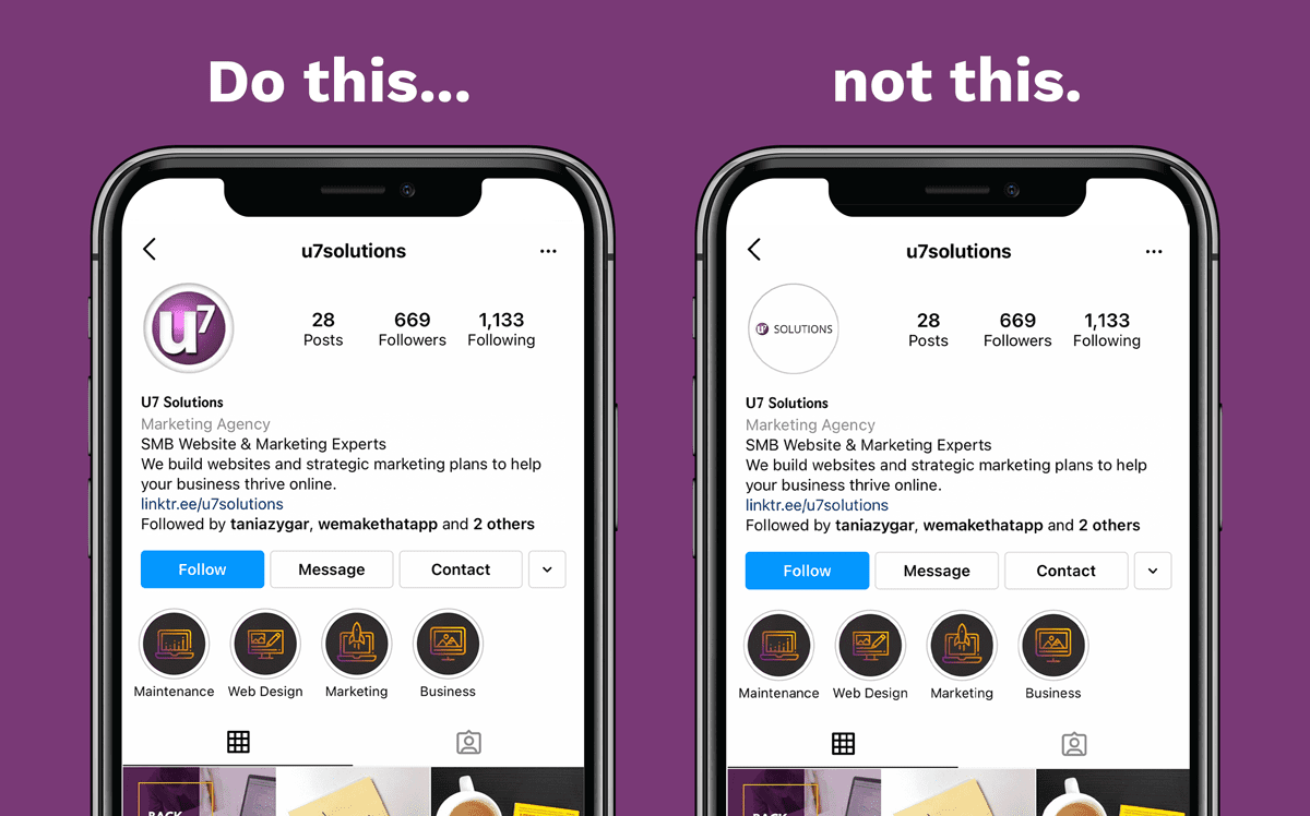 Screenshot of U7 solutions instagram account, using two different logos for the avatar.