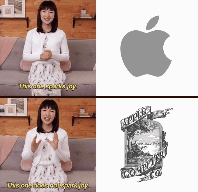  Meme of Marie Kondo comparing the original and current Apple logos.