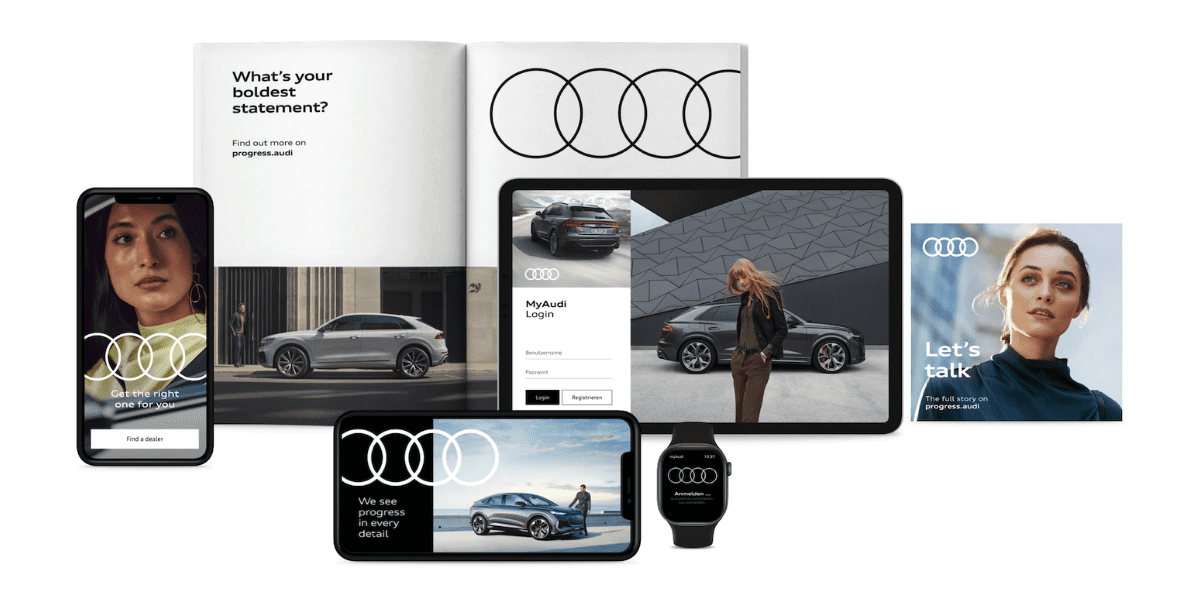 Visual of Audi brand styling across different media types