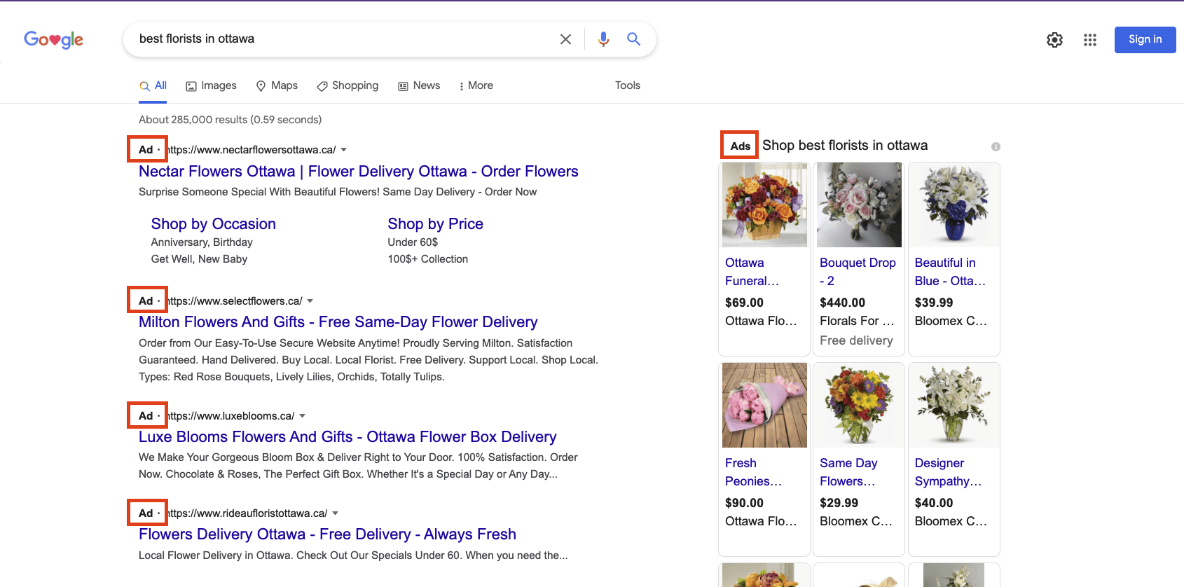 Screenshot of a google search result page showing ads