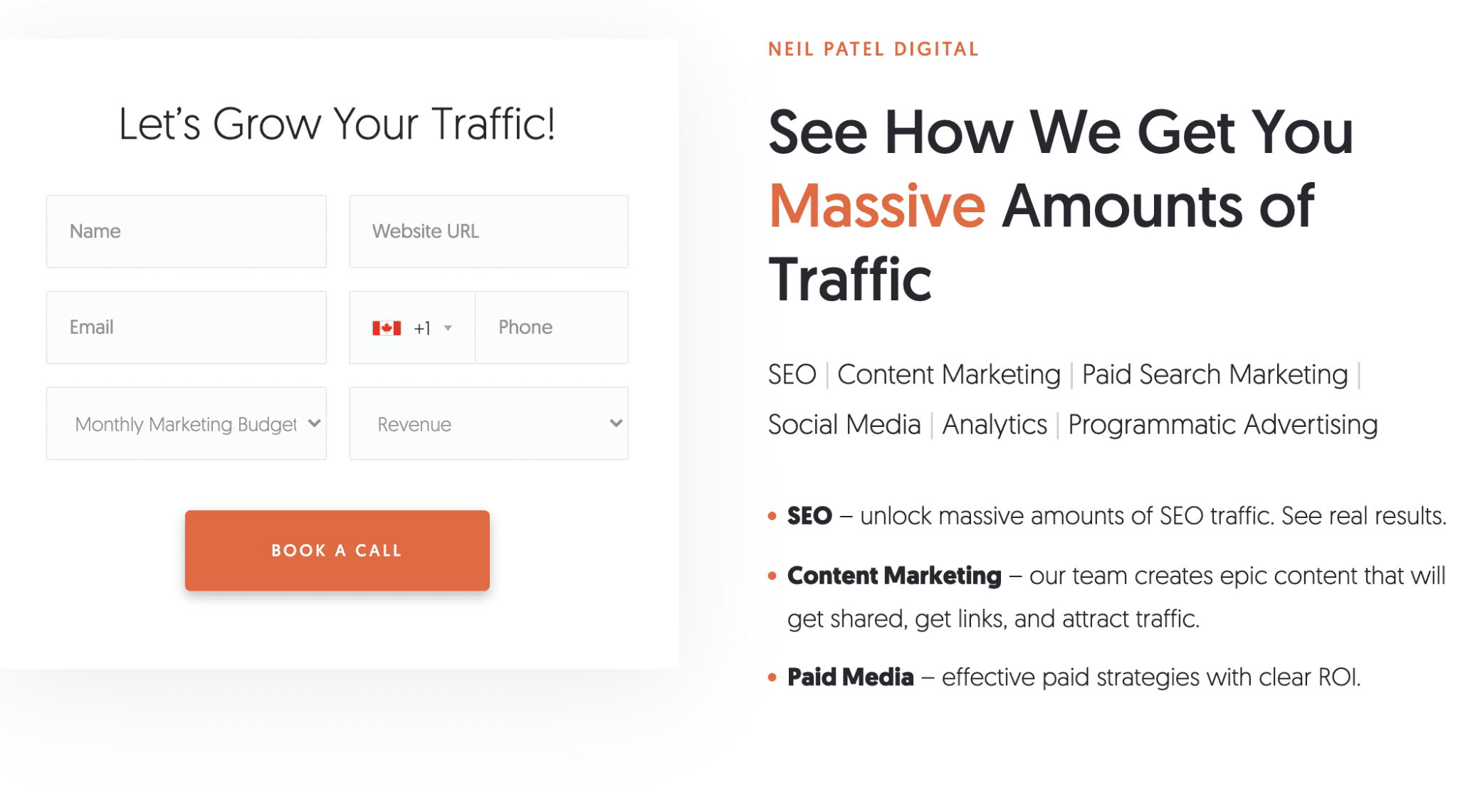 Screenshot of Neil Patel’s consultation services form to grow traffic
