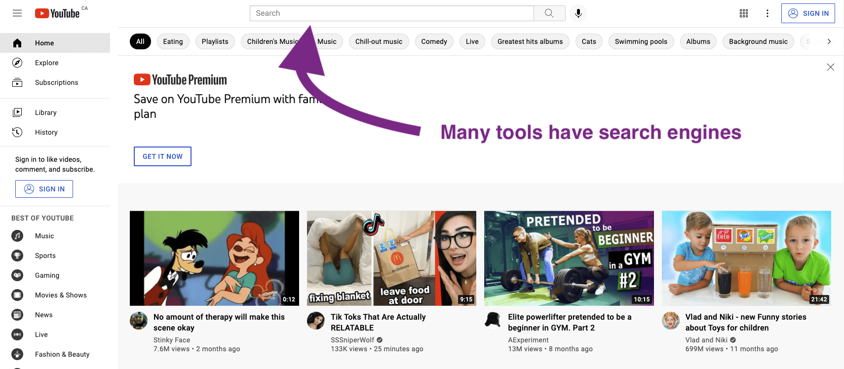 Screenshot of youtube homepage with arrow showing search bar