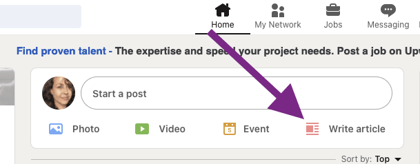 Screenshot of LinkedIn page showing where to click to write an article