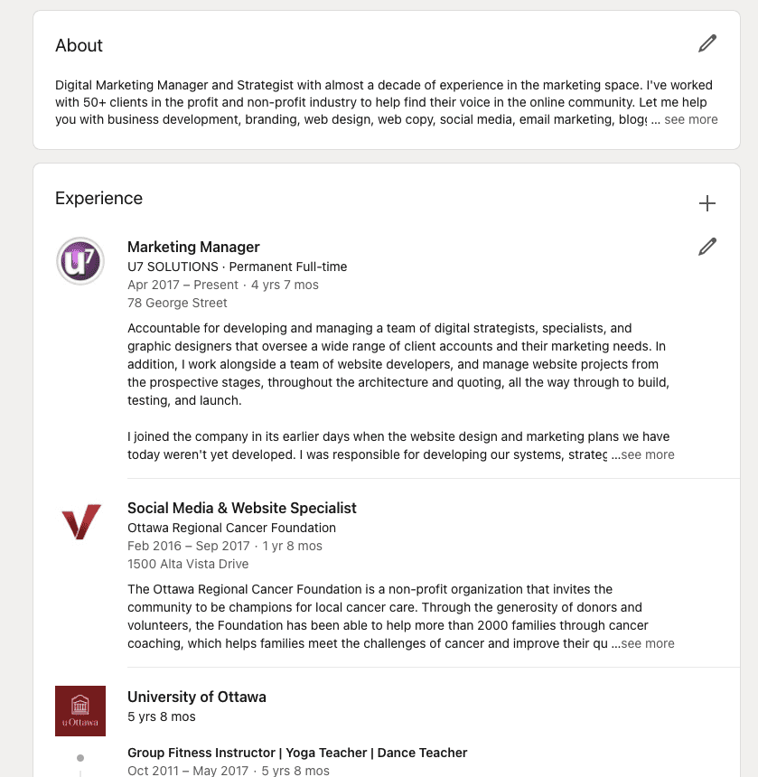 Screenshot of LinkedIn's experience section