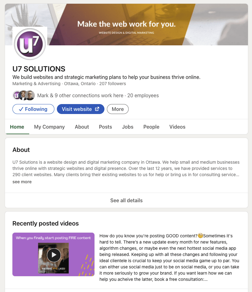 Screenshot of U7 Solutions company profile on LinkedIn